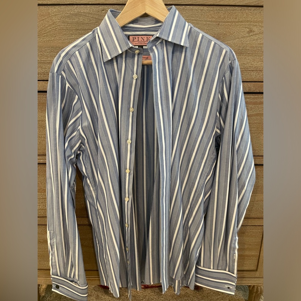 THOMAS PINK Cotton Dress Shirt Slim Fit French Cuff Blue 15.5